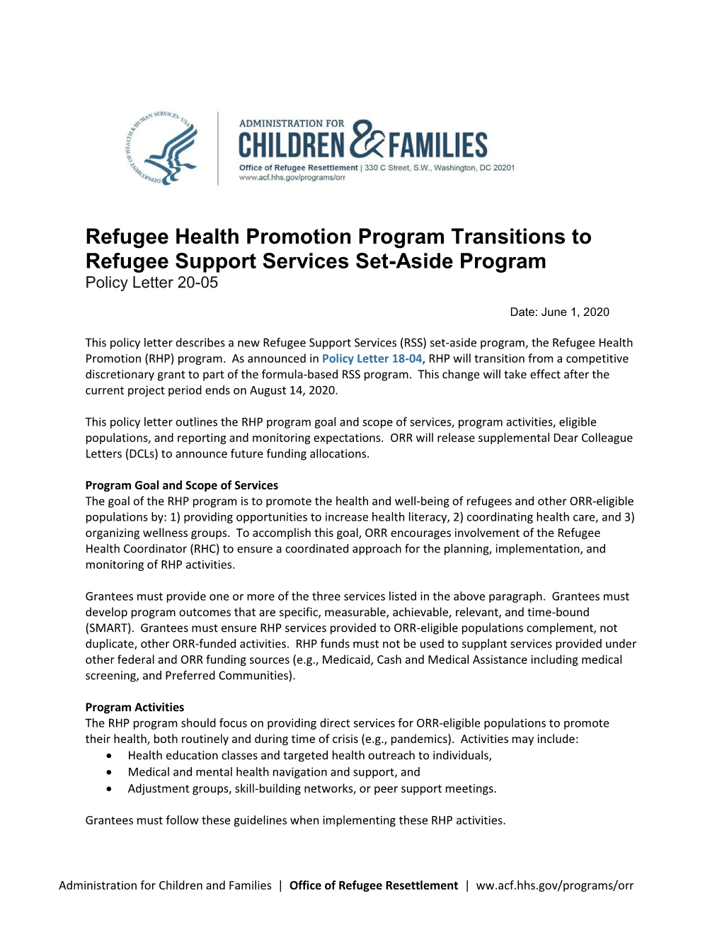 Refugee Health Promotion Program Transitions to Refugee Support Services Set-Aside Program Policy Letter 20-05