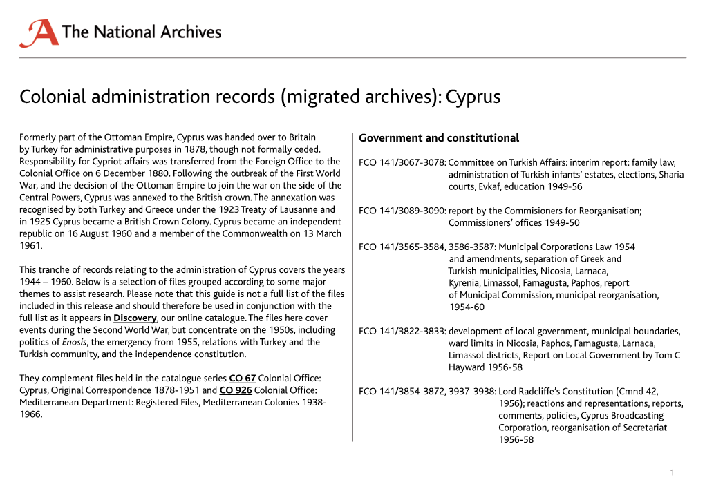 Colonial Administration Records (Migrated Archives): Cyprus
