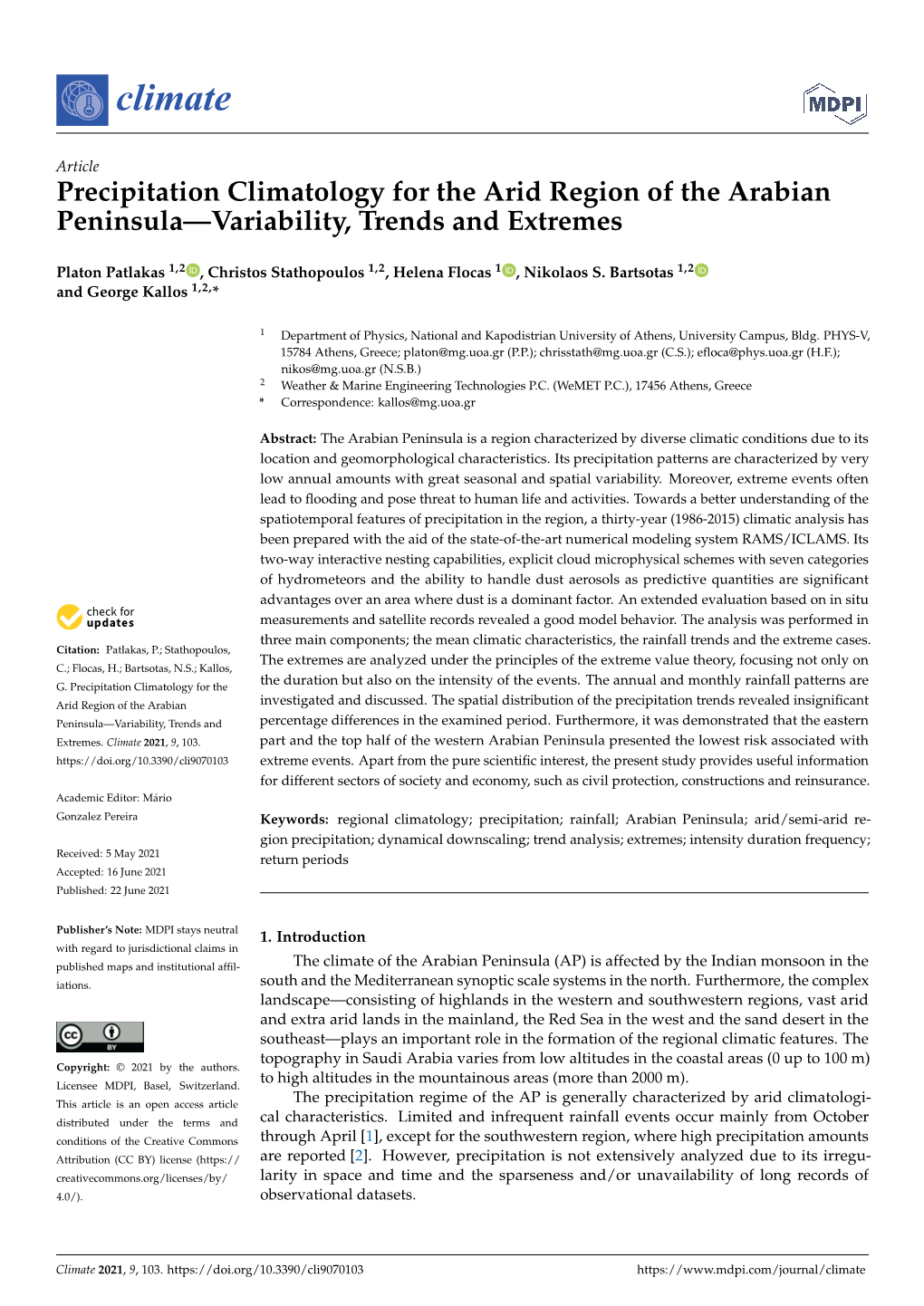 Precipitation Climatology for the Arid Region of the Arabian Peninsula—Variability, Trends and Extremes