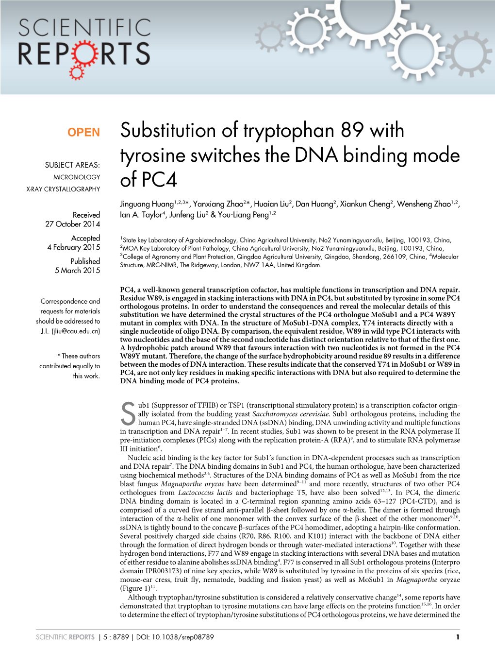 Substitution of Tryptophan 89 with Tyrosine Switches the DNA Binding