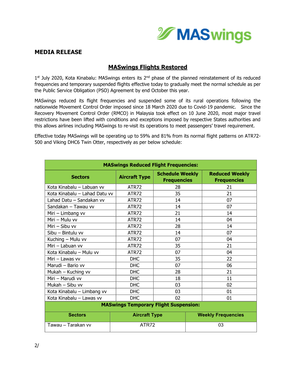 MEDIA RELEASE Maswings Flights Restored