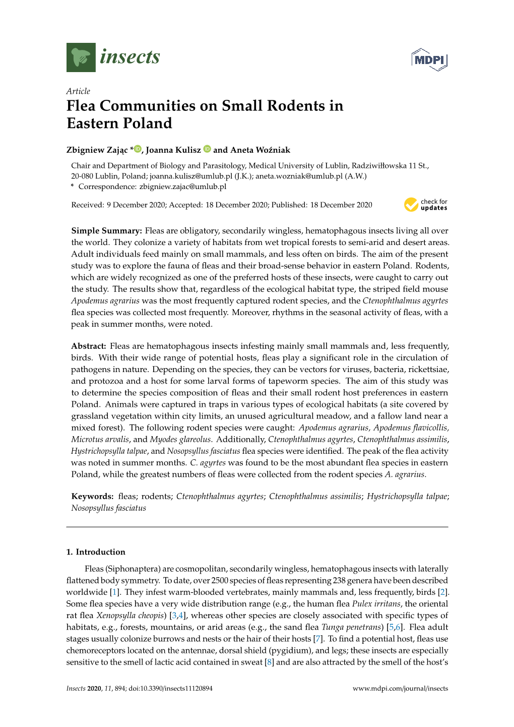 Flea Communities on Small Rodents in Eastern Poland