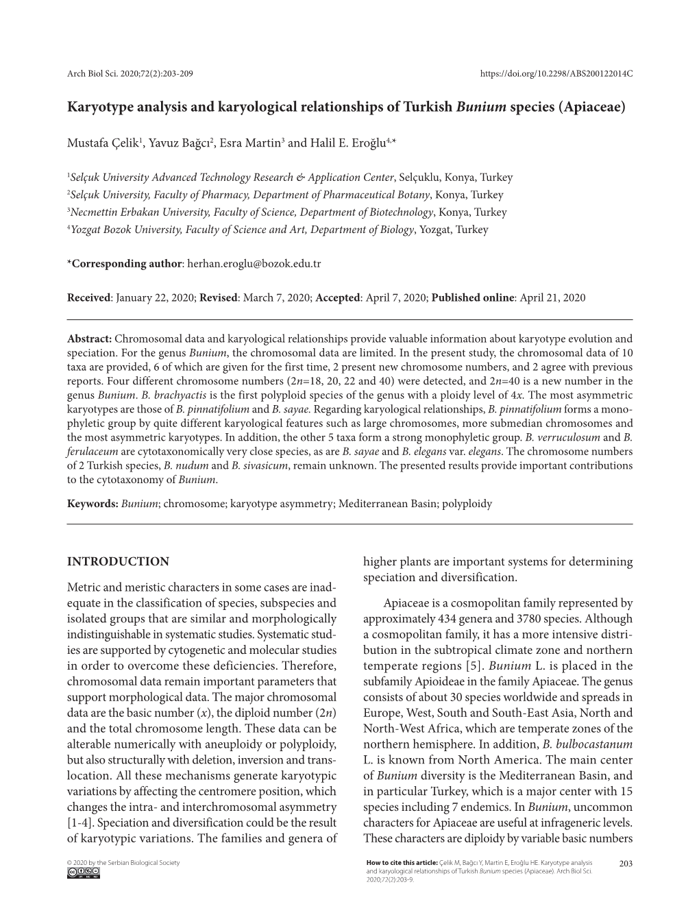 Karyotype Analysis and Karyological Relationships of Turkish Bunium Species (Apiaceae)