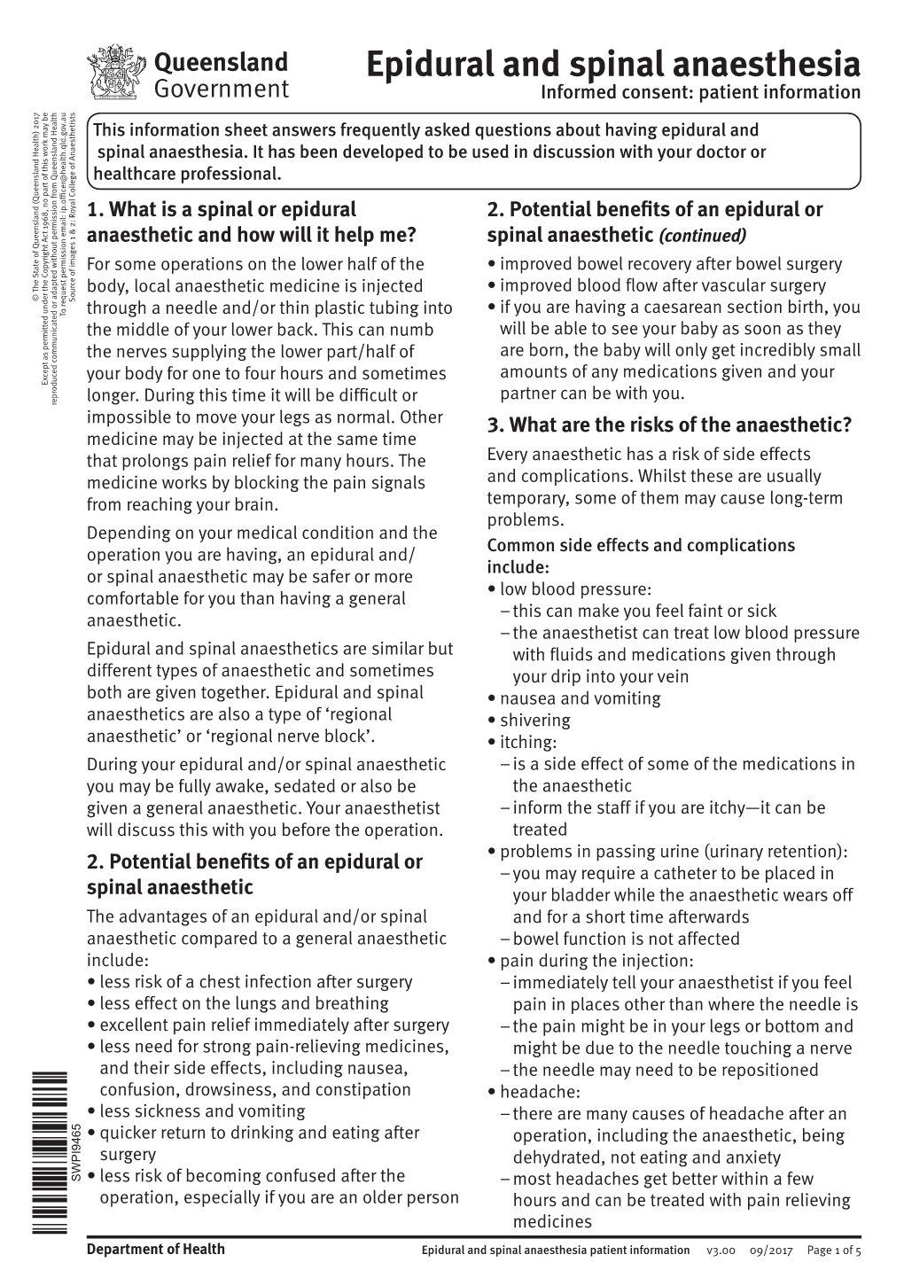 Epidural and Spinal Anaesthesia Informed Consent