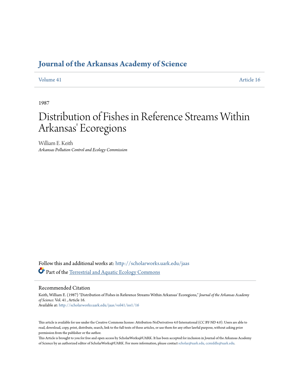 Distribution of Fishes in Reference Streams Within Arkansas' Ecoregions William E