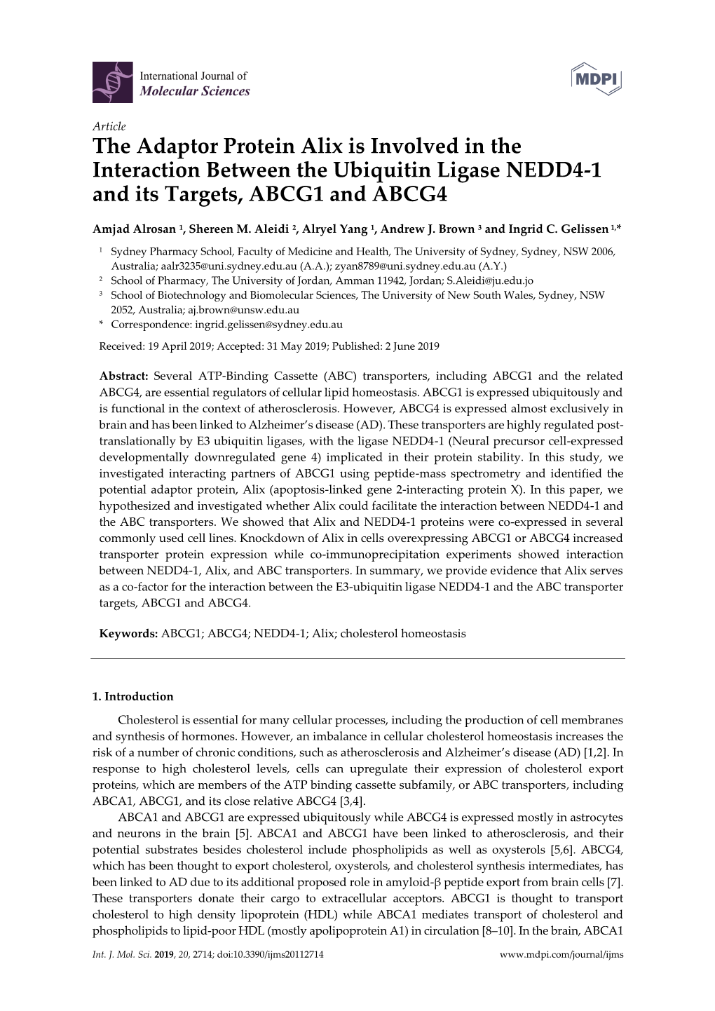 The Adaptor Protein Alix Is Involved in the Interaction Between the Ubiquitin Ligase NEDD4-1 and Its Targets, ABCG1 and ABCG4