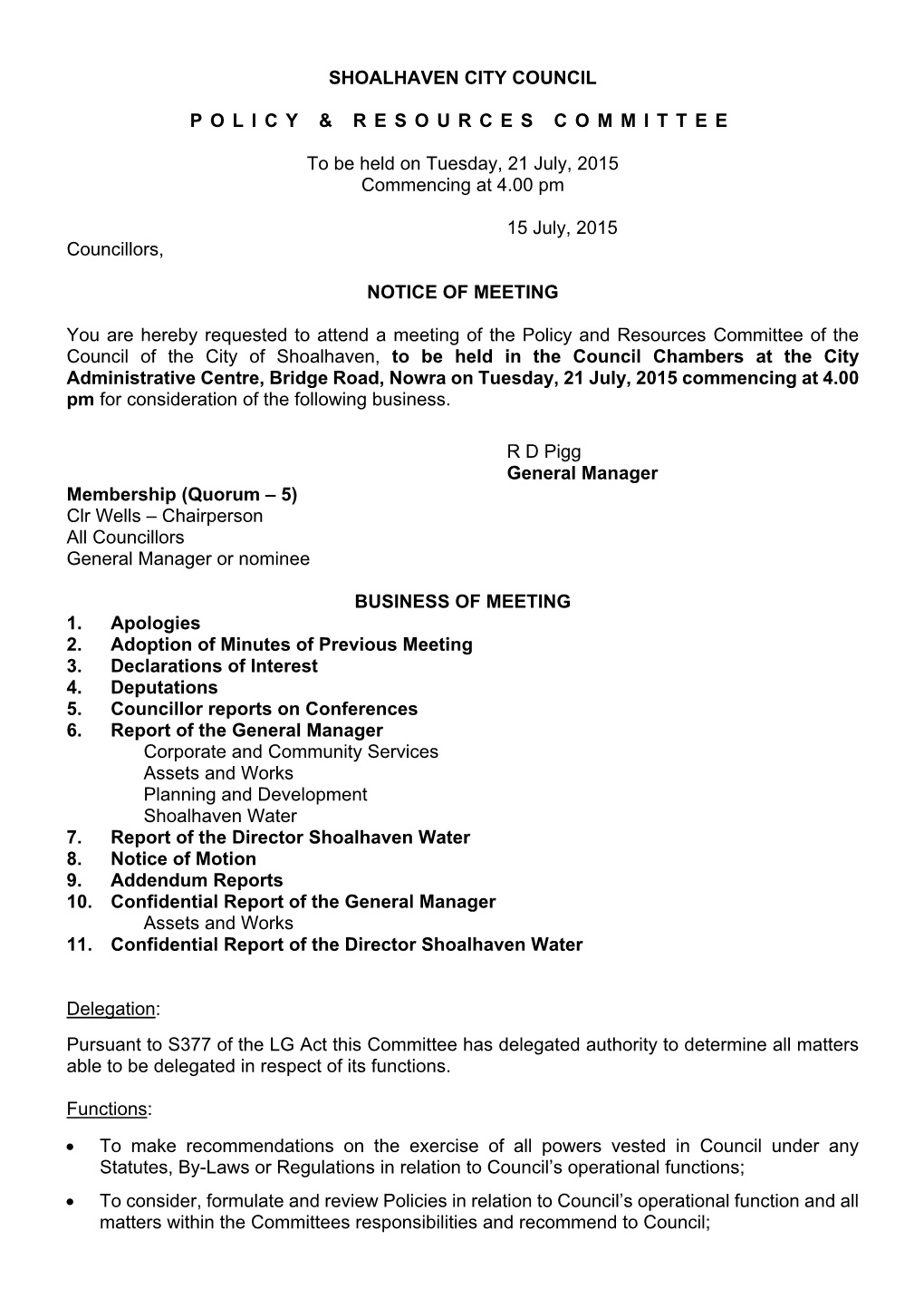 Agenda Policy and Resources Committee 21 July 2015