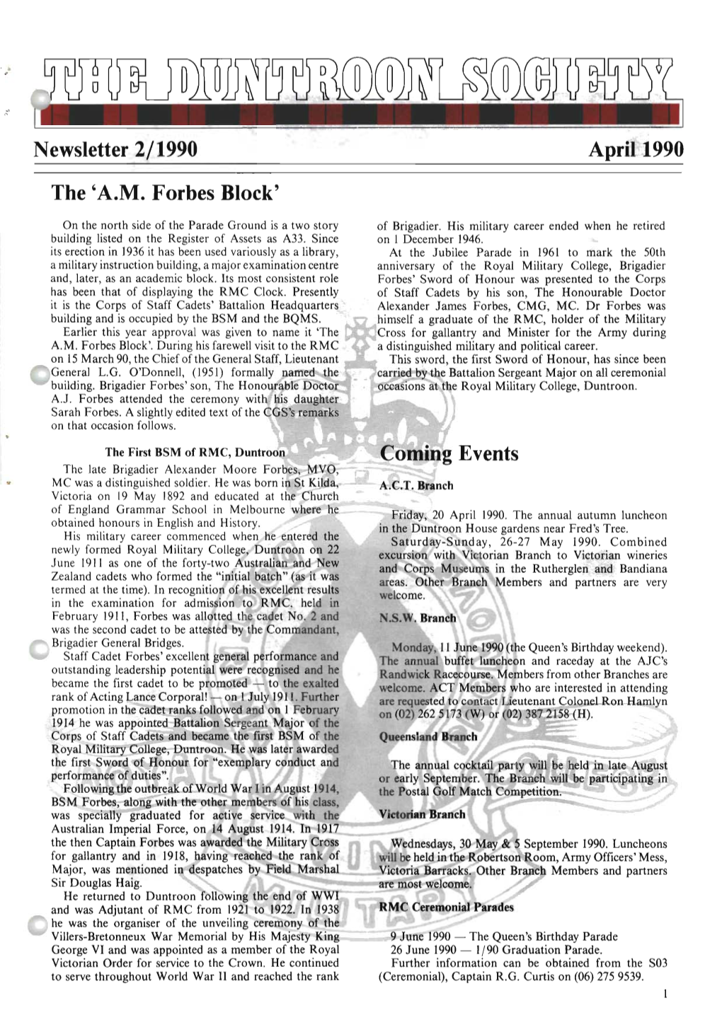 Newsletter 21 1990 April 1990 the 'A.M. Forbes Block' Coming Events