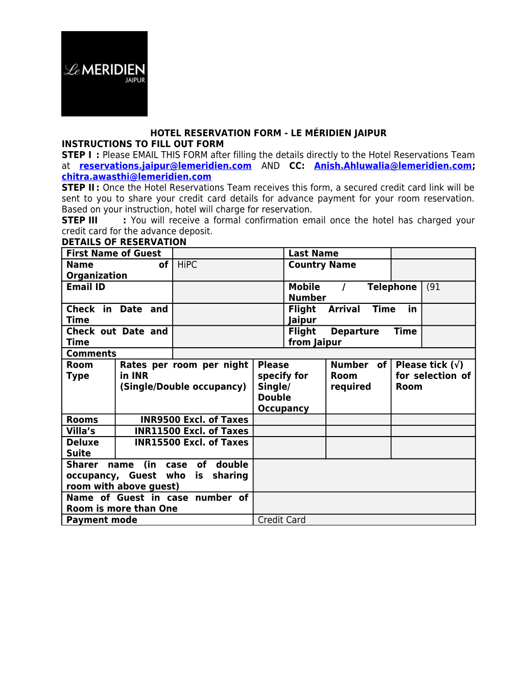 Hotel Reservation Form - Le Méridien Jaipur