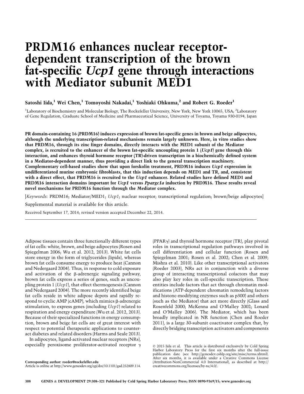 Dependent Transcription of the Brown Fat-Specific Ucp1 Gene Through Interactions with Mediator Subunit MED1