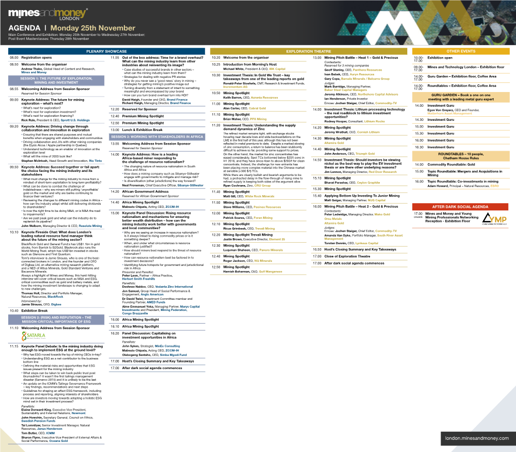 AGENDA | Monday 25Th November Main Conference and Exhibition: Monday 25Th November to Wednesday 27Th November; Post Event Masterclasses: Thursday 28Th November