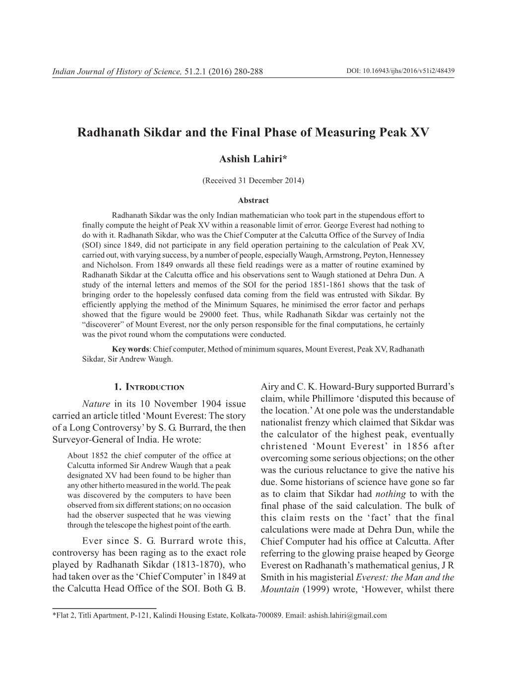 Radhanath Sikdar and the Final Phase of Measuring Peak XV