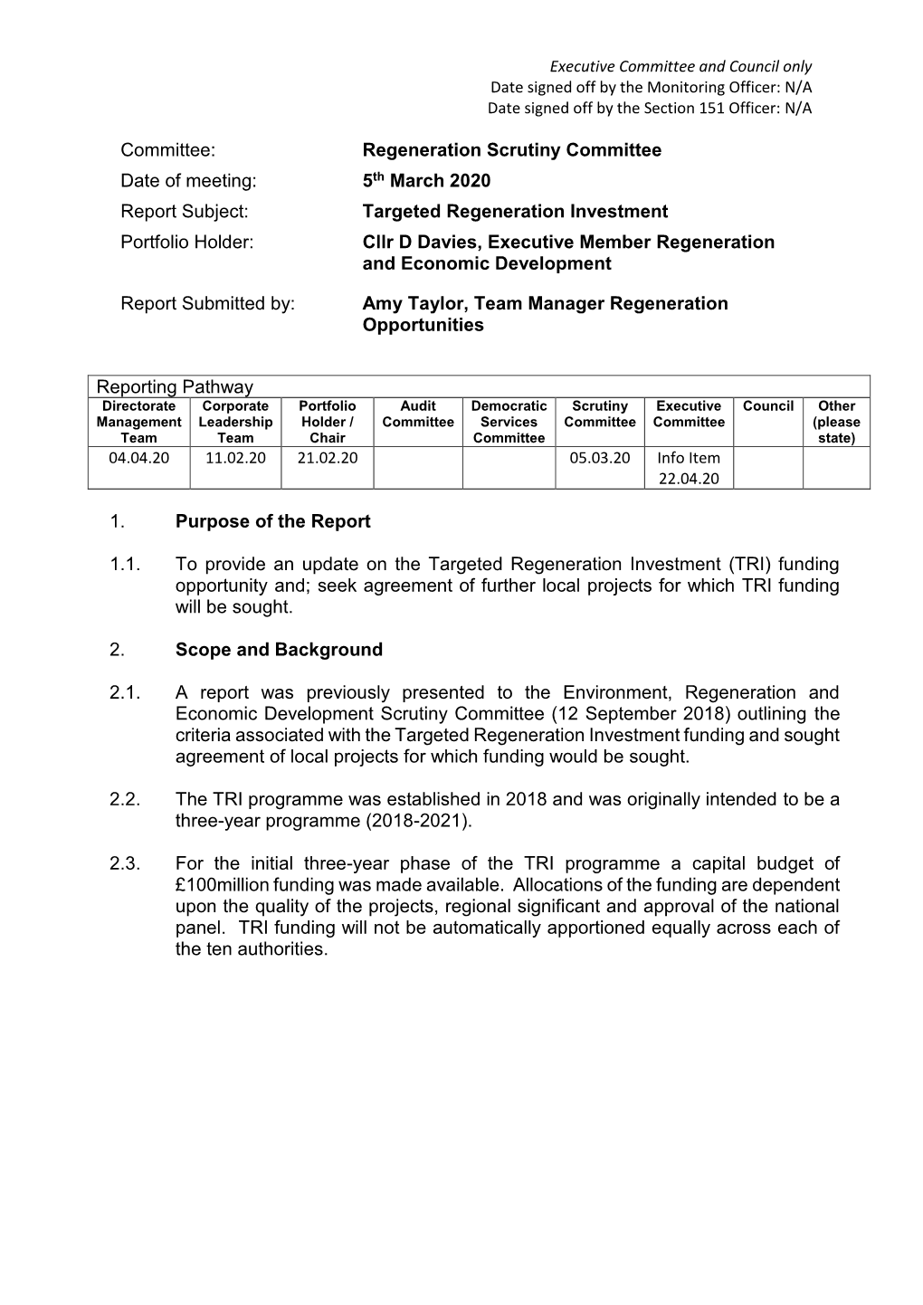 5Th March 2020 Report Subject: Targeted Regeneration Investment P