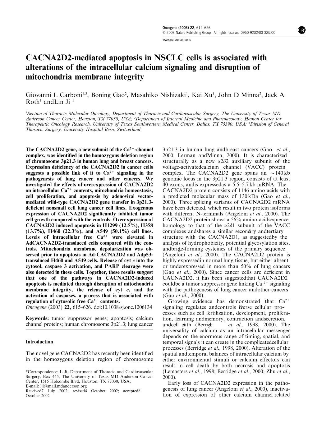 CACNA2D2-Mediated Apoptosis in NSCLC Cells Is Associated with Alterations of the Intracellular Calcium Signaling and Disruption of Mitochondria Membrane Integrity