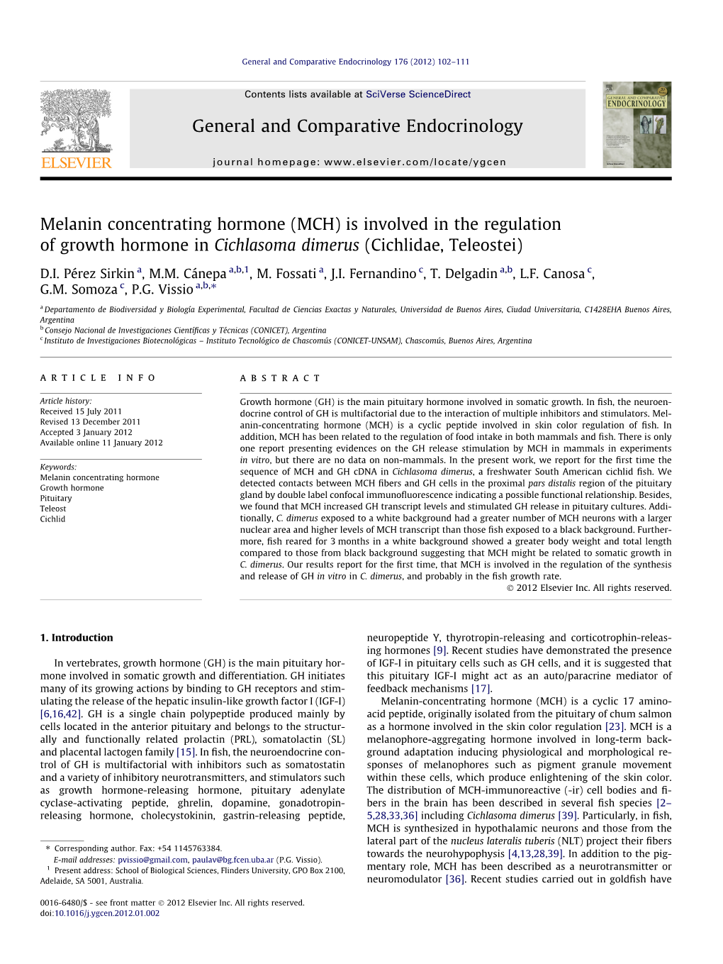 Melanin Concentrating Hormone (MCH) Is Involved in the Regulation of Growth Hormone in Cichlasoma Dimerus (Cichlidae, Teleostei)