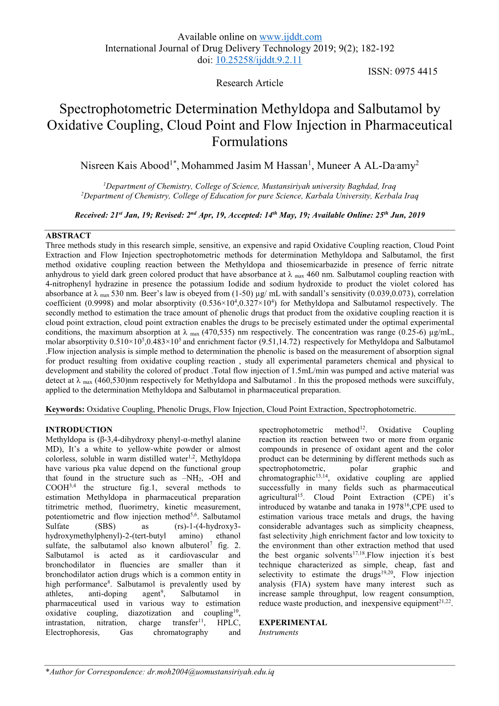 Spectrophotometric Determination Methyldopa and Salbutamol by Oxidative Coupling, Cloud Point and Flow Injection in Pharmaceutical Formulations