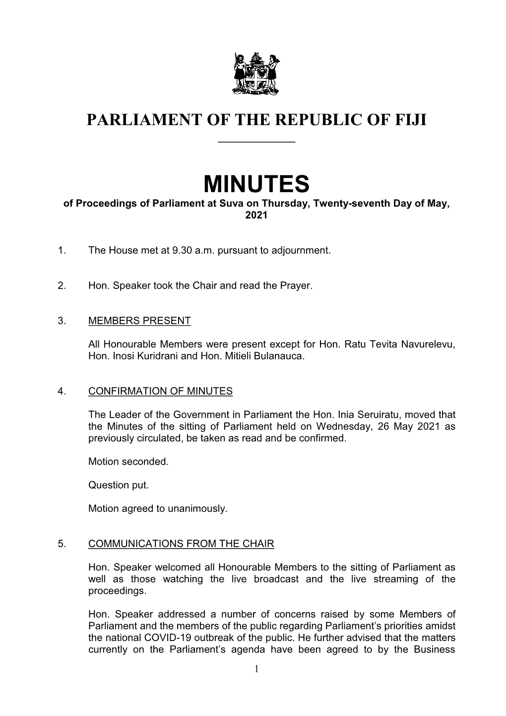 MINUTES of Proceedings of Parliament at Suva on Thursday, Twenty-Seventh Day of May, 2021