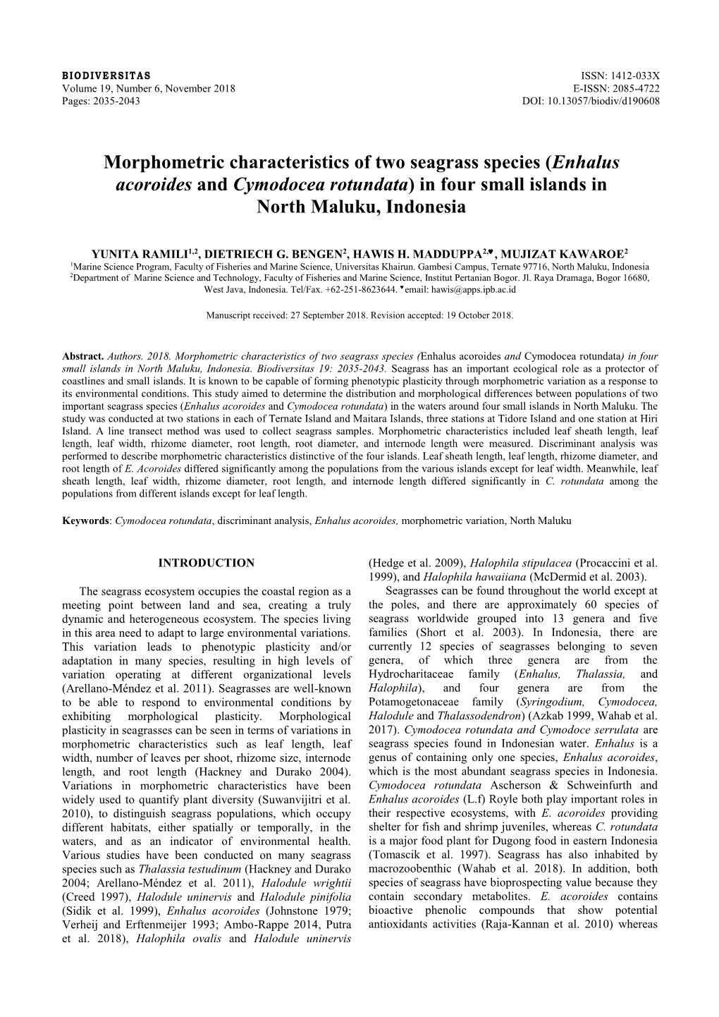 Enhalus Acoroides and Cymodocea Rotundata) in Four Small Islands in North Maluku, Indonesia