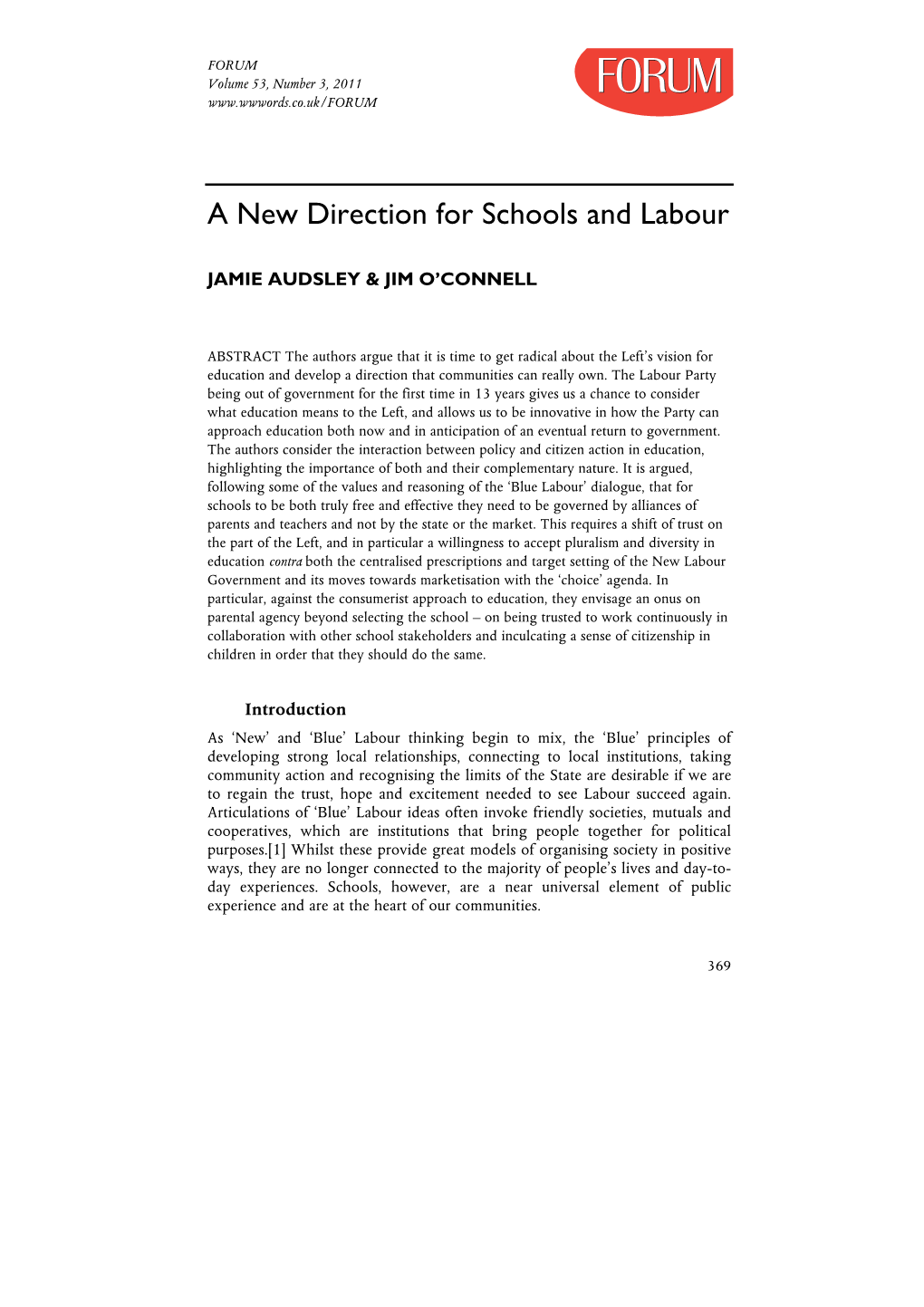 A New Direction for Schools and Labour