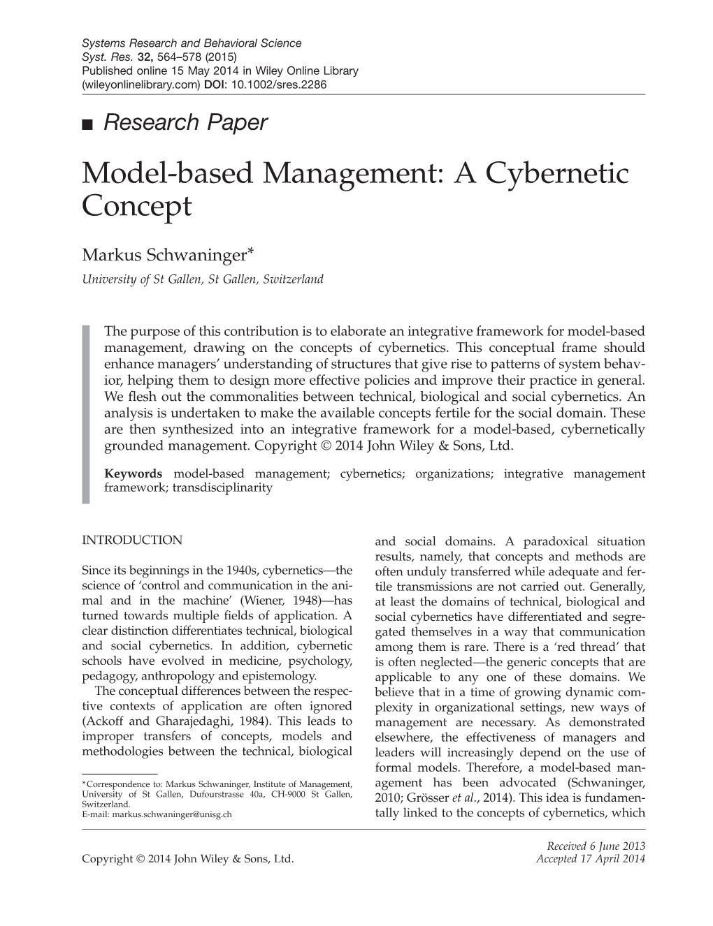 Model-Based Management: a Cybernetic Concept