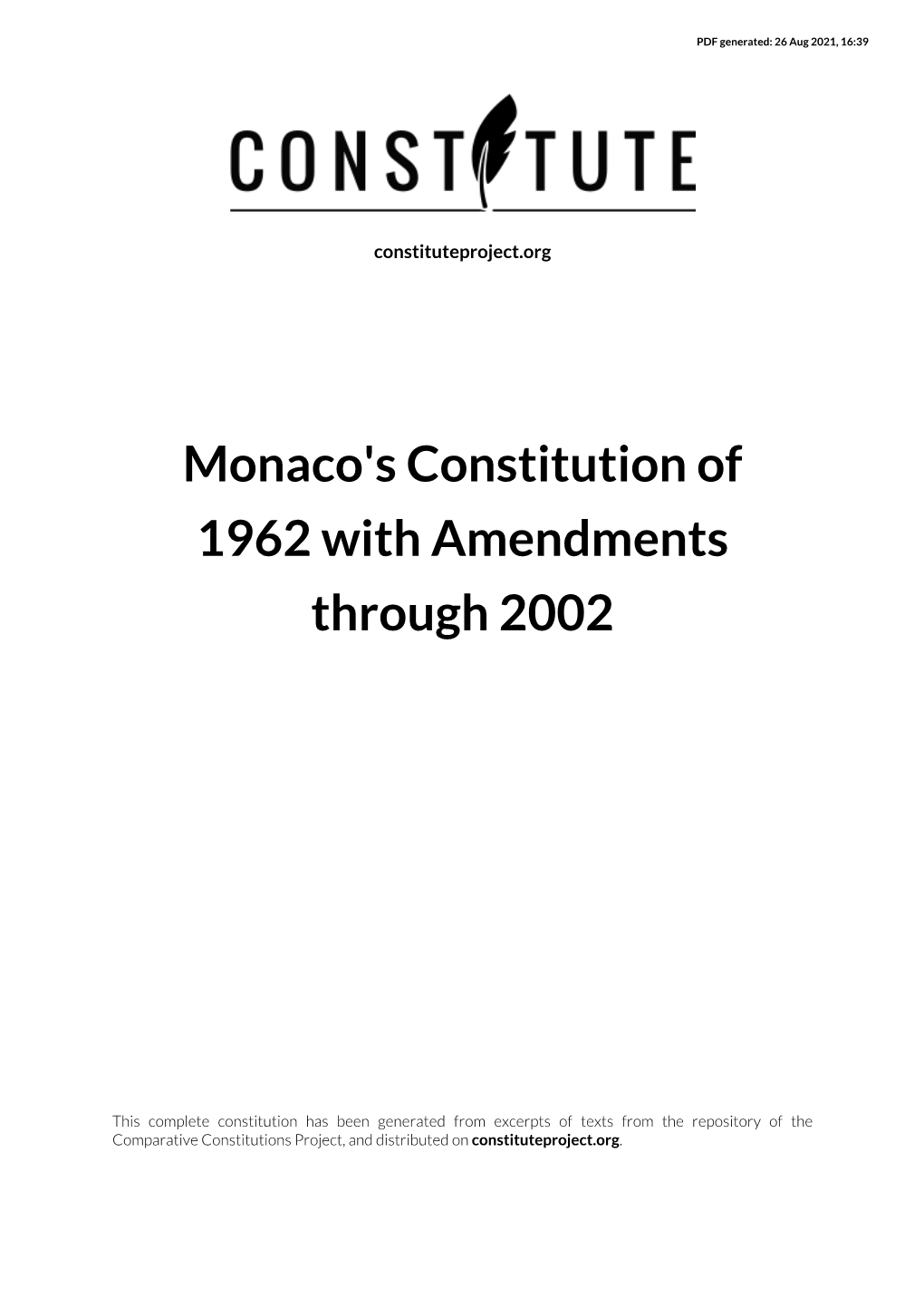 Monaco's Constitution of 1962 with Amendments Through 2002