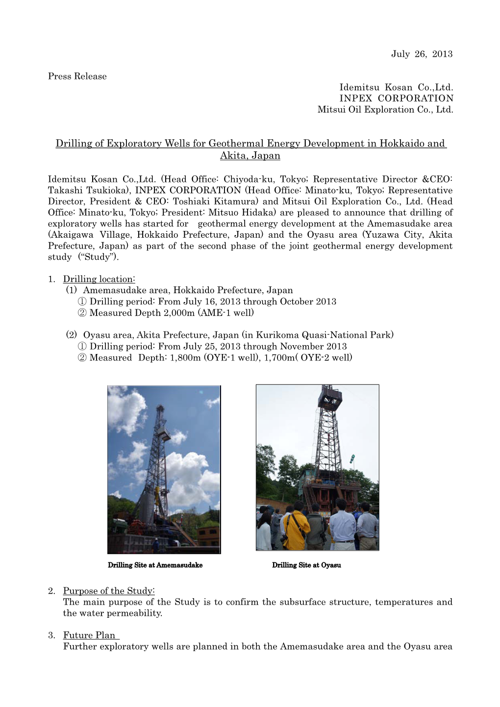 Drilling of Exploratory Wells for Geothermal Energy Development in Hokkaido and Akita, Japan