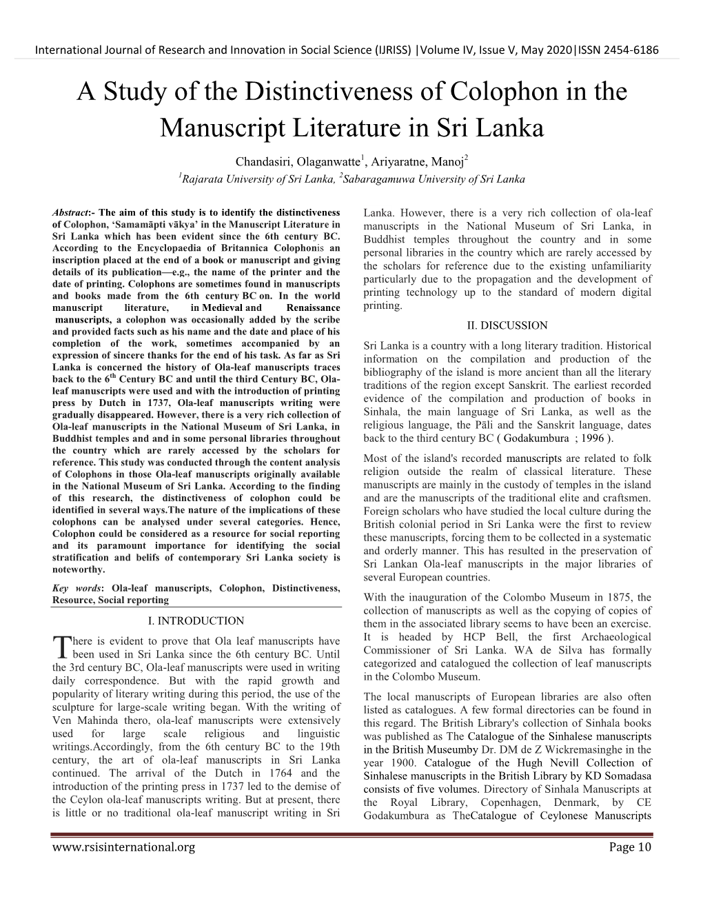 A Study of the Distinctiveness of Colophon in the Manuscript Literature in Sri Lanka