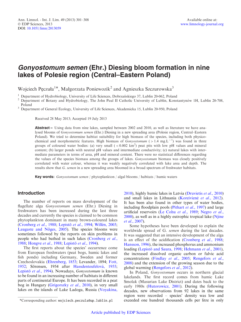 Gonyostomum Semen (Ehr.) Diesing Bloom Formation in Nine Lakes of Polesie Region (Central–Eastern Poland)