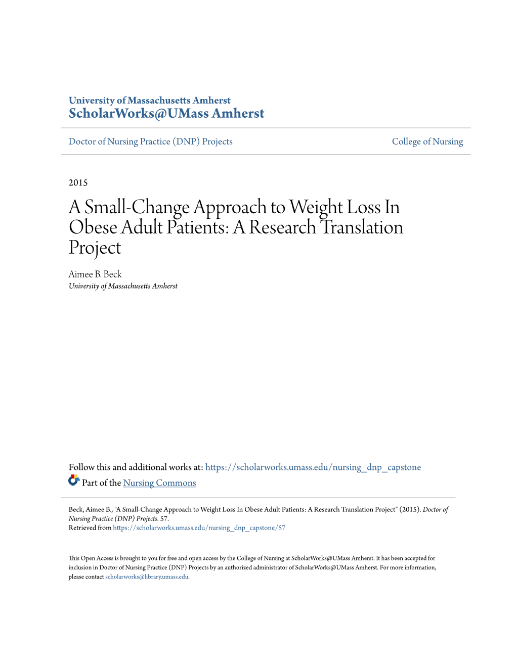 A Small-Change Approach to Weight Loss in Obese Adult Patients: a Research Translation Project Aimee B