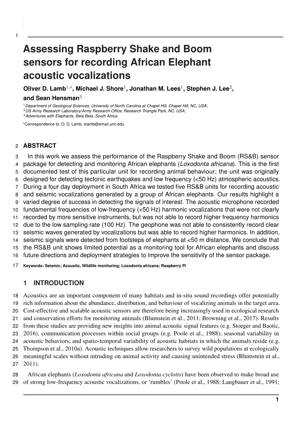 Assessing Raspberry Shake and Boom Sensors for Recording African Elephant Acoustic Vocalizations Oliver D