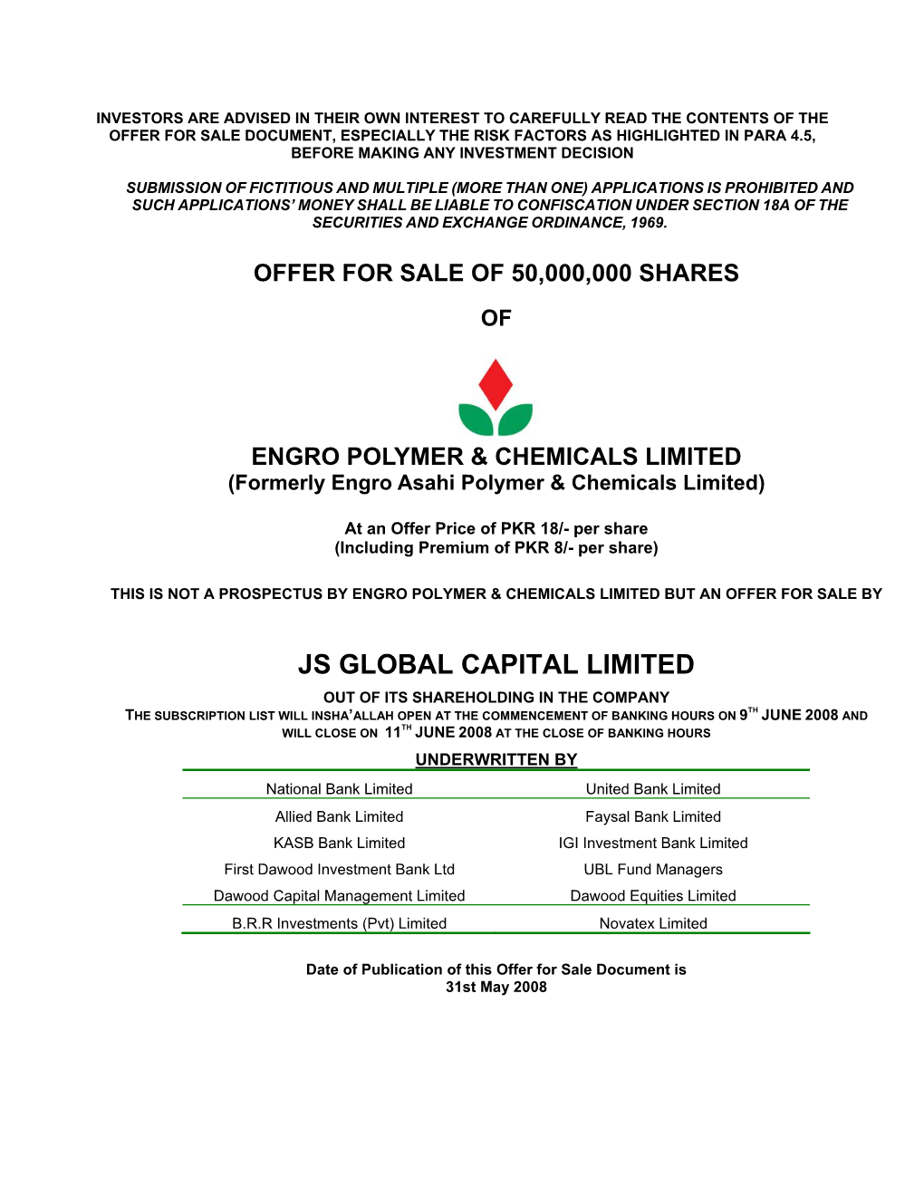 Offer for Sale of 50000000 Shares of Engro Polymer & Chemicals Limited