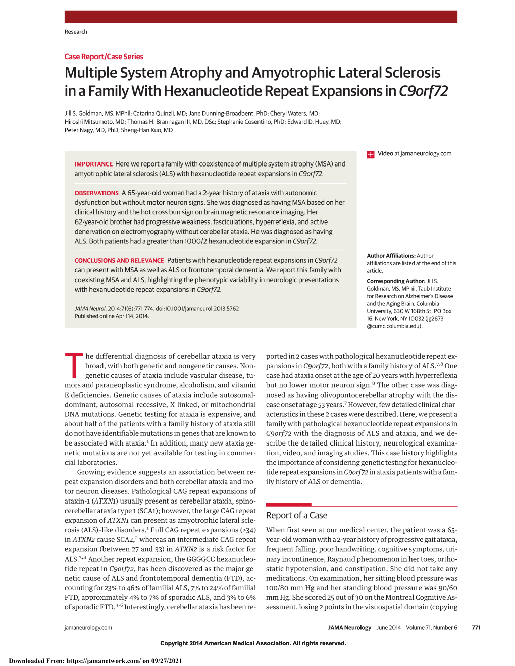 Multiple System Atrophy and Amyotrophic Lateral Sclerosis in a Family with Hexanucleotide Repeat Expansions in C9orf72