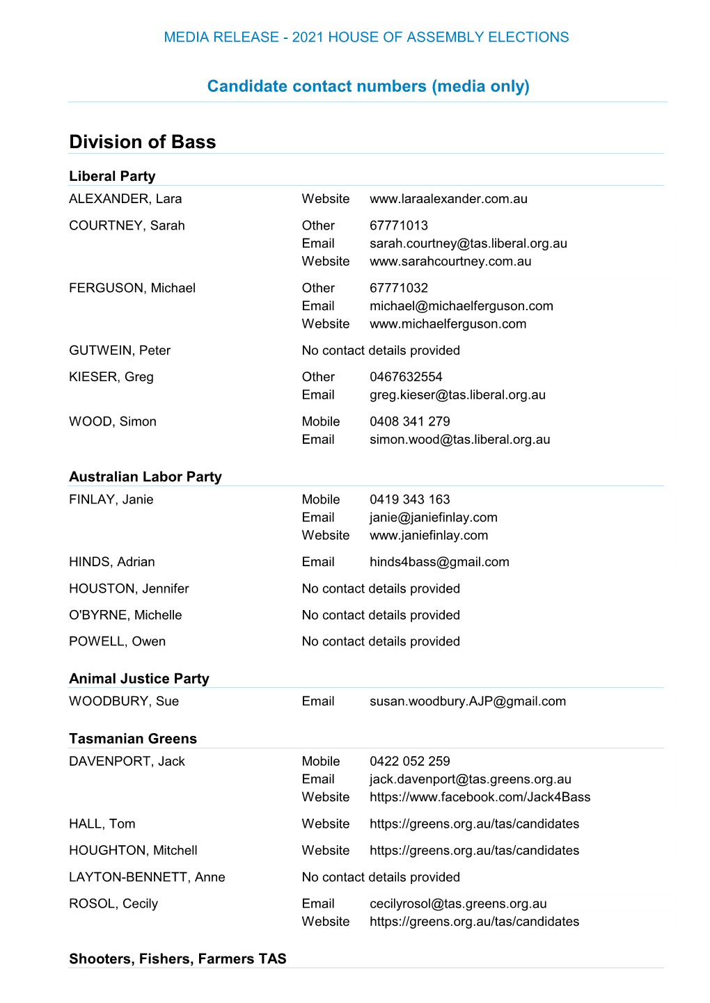 Candidate Contact Numbers (Media Only)