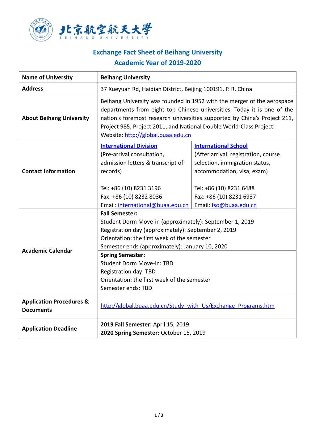 Exchange Fact Sheet of Beihang University Academic Year of 2019-2020