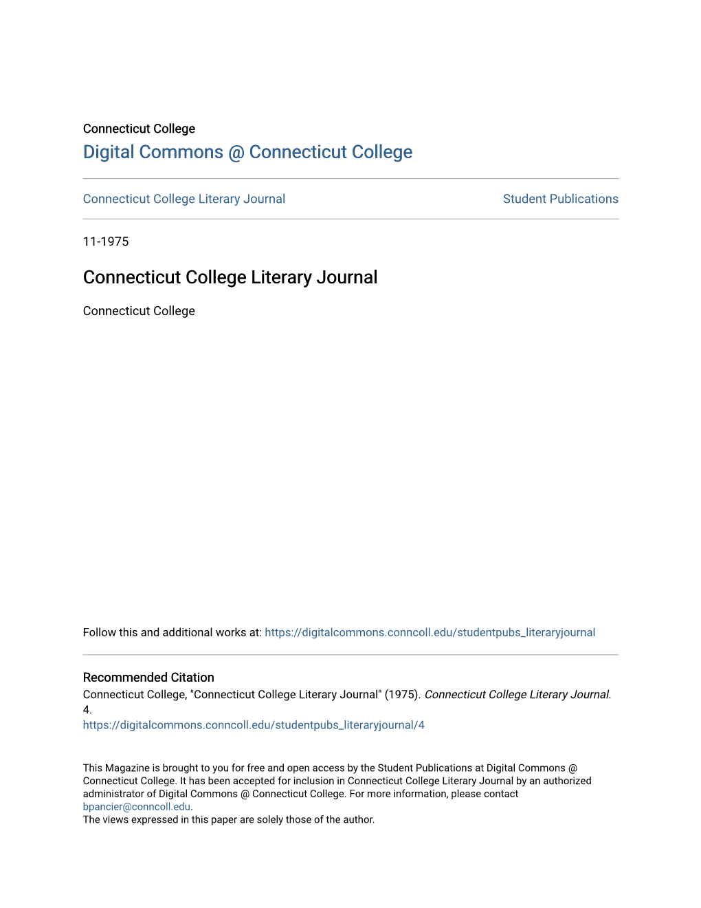 Connecticut College Literary Journal Student Publications