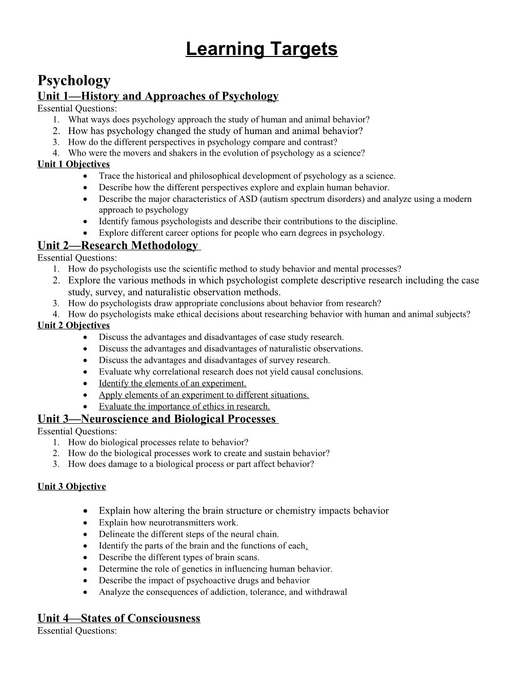 Unit 1 History and Approaches of Psychology