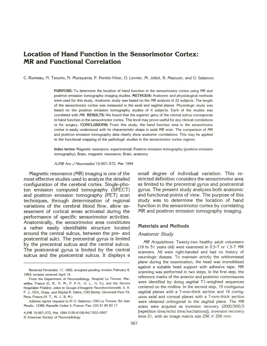 Location of Hand Function in the Sensorimotor Cortex: MR and Functional Correlation