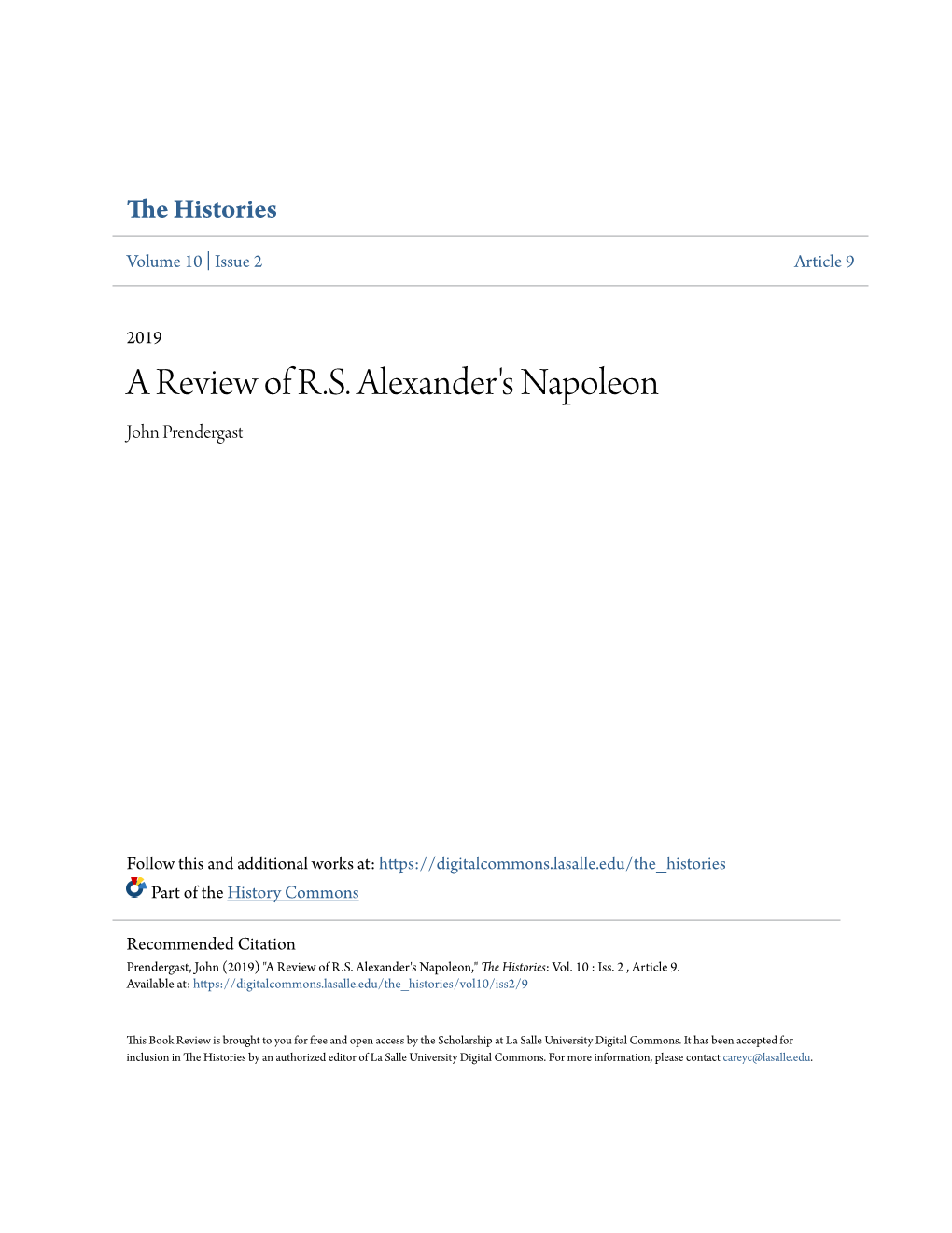 A Review of R.S. Alexander's Napoleon John Prendergast