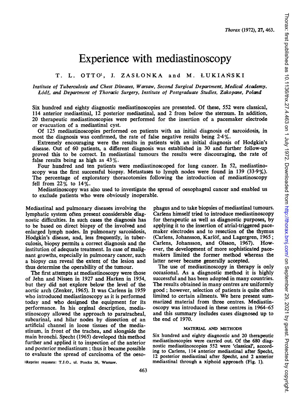 Experience with Mediastinoscopy