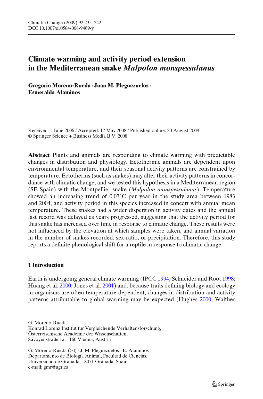 Climate Warming and Activity Period Extension in the Mediterranean Snake Malpolon Monspessulanus