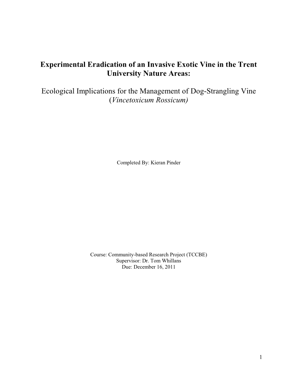 Ecological Implications for the Management of Dog-Strangling Vine (Vincetoxicum Rossicum)