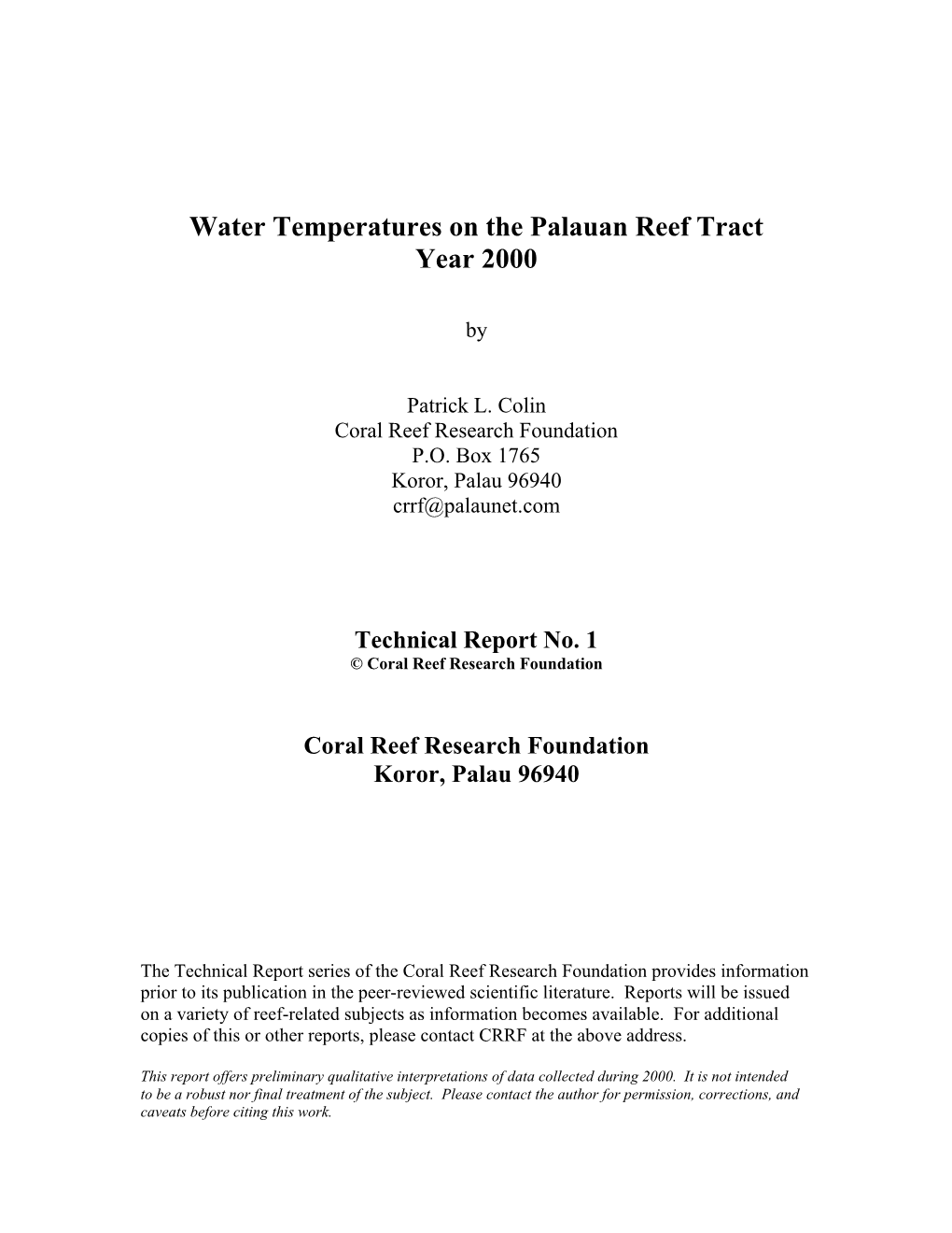 Water Temperatures Palau 2000