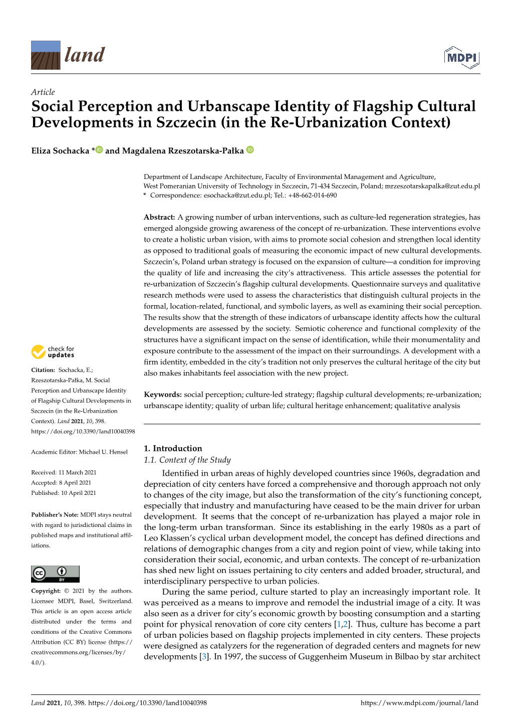 Social Perception and Urbanscape Identity of Flagship Cultural Developments in Szczecin (In the Re-Urbanization Context)