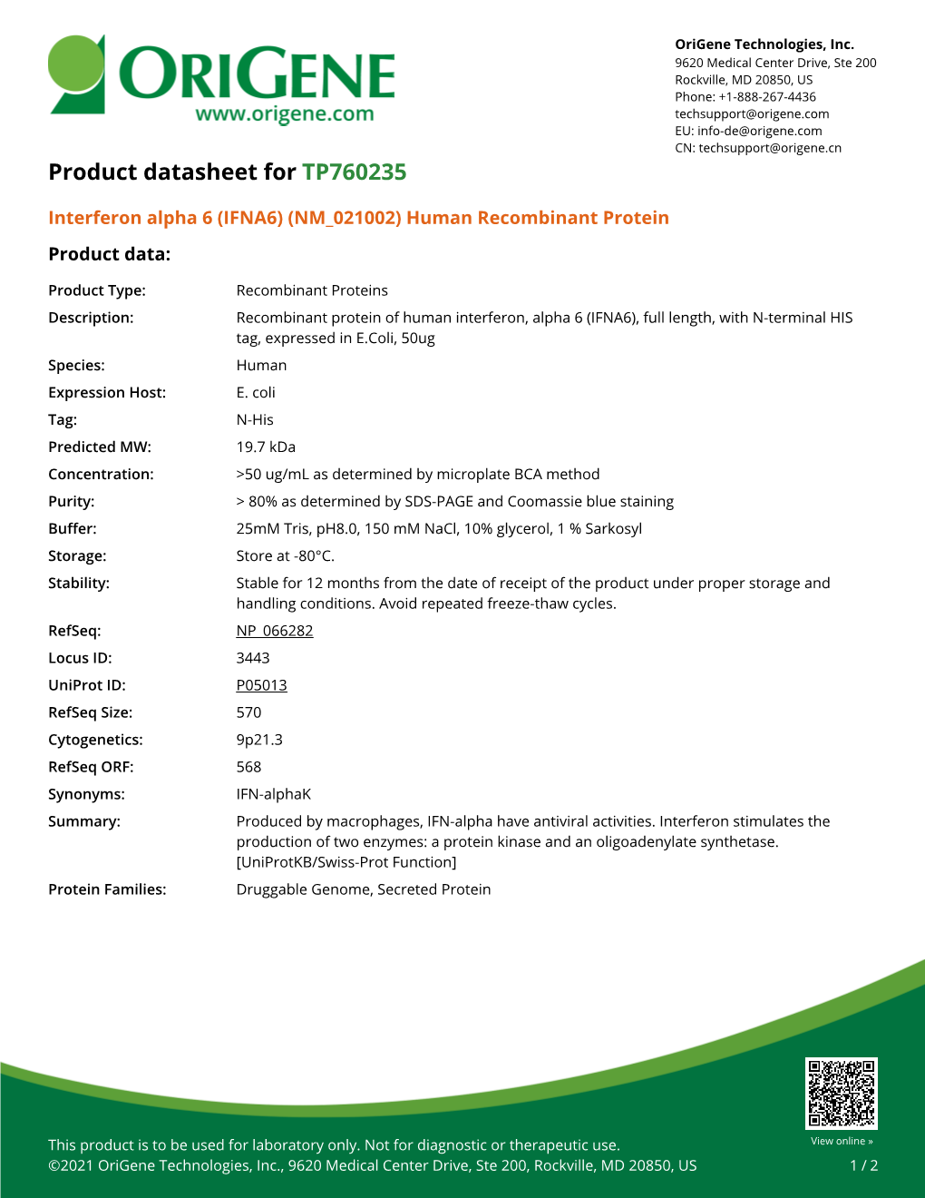 Interferon Alpha 6 (IFNA6) (NM 021002) Human Recombinant Protein Product Data