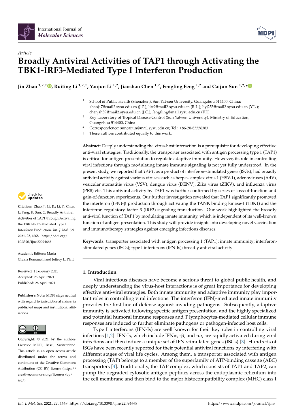 Broadly Antiviral Activities of TAP1 Through Activating the TBK1-IRF3-Mediated Type I Interferon Production
