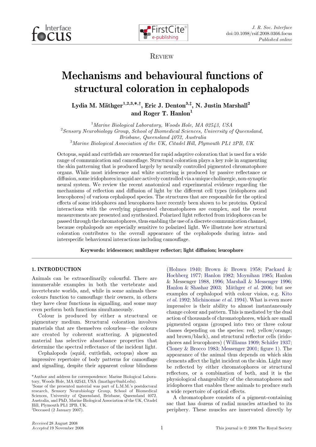 Mechanisms and Behavioural Functions of Structural Coloration in Cephalopods