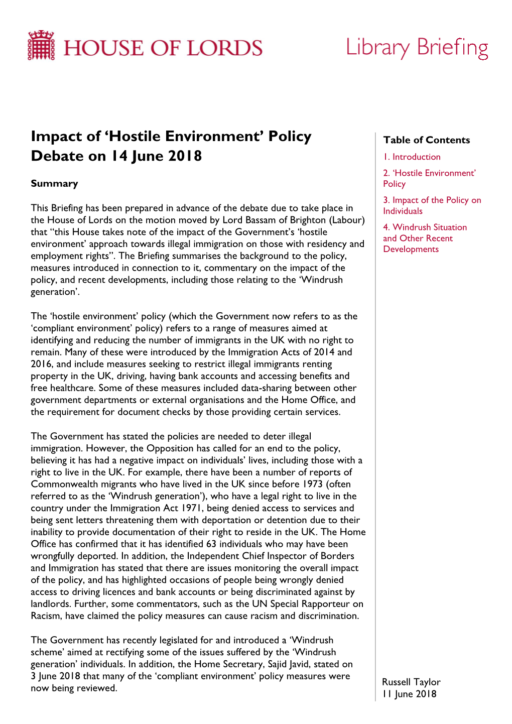Impact of 'Hostile Environment' Policy Debate on 14 June 2018