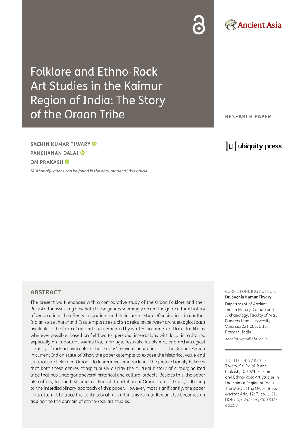 Folklore and Ethno-Rock Art Studies in the Kaimur Region of India: the Story of the Oraon Tribe RESEARCH PAPER