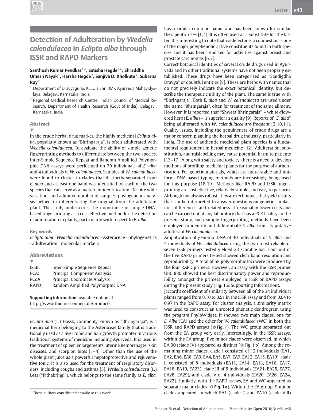 Detection of Adulteration by Wedelia Calendulacea in Eclipta Alba Through ISSR and RAPD Markers