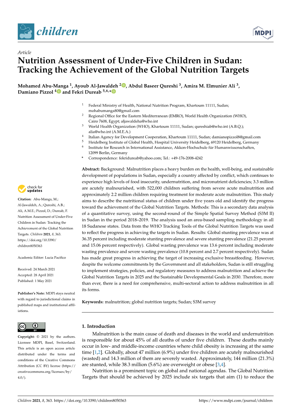 Nutrition Assessment of Under-Five Children in Sudan: Tracking the Achievement of the Global Nutrition Targets